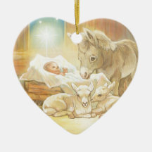Baby Jesus Nativity with Lambs and Donkey Christmas Tree Ornaments