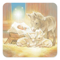Baby Jesus Nativity with Lambs and Donkey Square Sticker