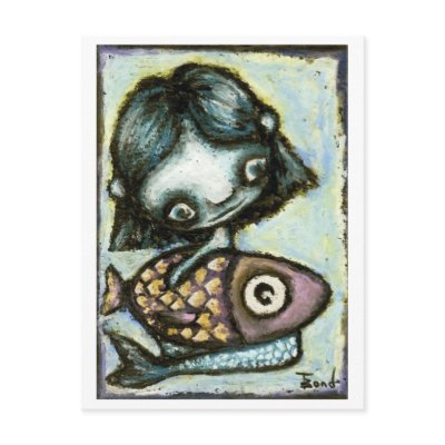 Baby mermaid with fish postcards by Tanya Bond by tanyabond