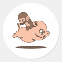 Baby Monkey (Going Backwards on a Pig) Round Stickers
