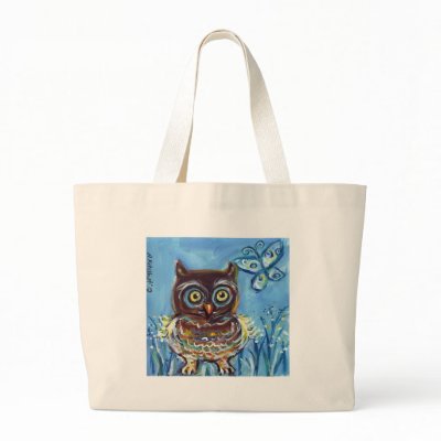 baby owl with butterfly painting canvas bags by zadajeanne