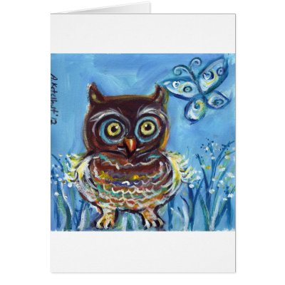 baby owl with butterfly painting card by zadajeanne