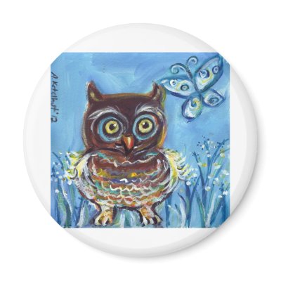 baby owl with butterfly painting refrigerator magnet by zadajeanne