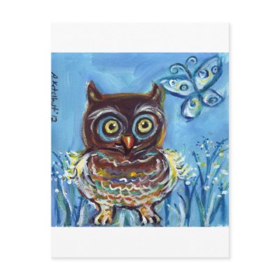baby owl with butterfly painting postcard by zadajeanne