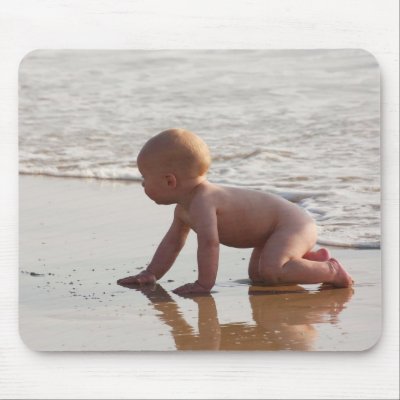 Baby playing in the sand on the beach mouse pads by beverlytazangel