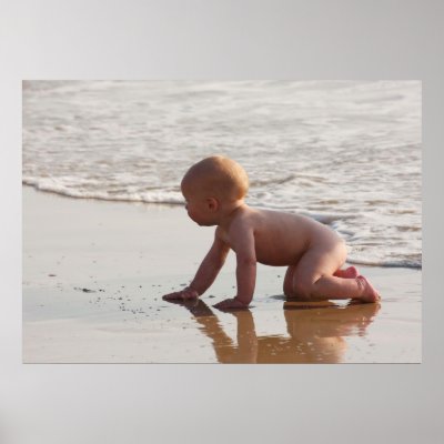 Baby playing in the sand on the beach print by beverlytazangel