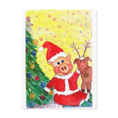 Baby Santa Piglet and Rein-pig by Christmas Tree Post Cards by sharonfosterart