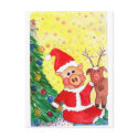 Baby Santa Piglet and Rein-pig by Christmas Tree postcards