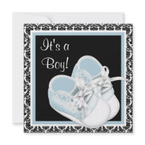Baby Shoes Black Blue Damask Baby Boy Shower Personalised Invitation