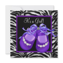 Baby Shoes Purple Zebra Baby Girl Shower Custom Announcements