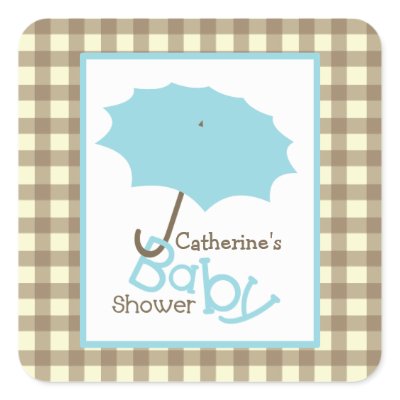 Baby Shower Blue Umbrella & Brown Gingham Square Sticker by JillsPaperie