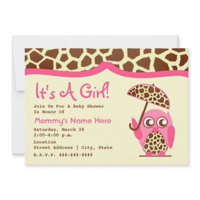 Baby Shower - Giraffe Print & Pink Owl & Umbrella by JillsPaperie