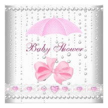 Baby Shower Girl Baby Pink Umbrella Pearl White Personalized Invitation