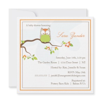 Baby Shower Invitation - Green and Orange Baby Owl by OrangeOstrichDesigns