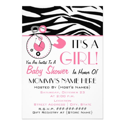 Baby Shower Invite - Pink Diaper Pin & Zebra Print