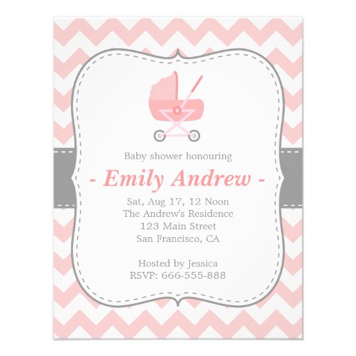 Baby Shower - Pink and White Chevron with Stroller Personalized ...