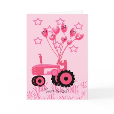 Baby Shower Pink Tractor with Balloons Invitation Card by KirstenEdwards