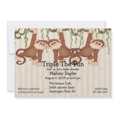 Baby Shower Triplet Monkeys Personalized Announcements by celebrateitinvites