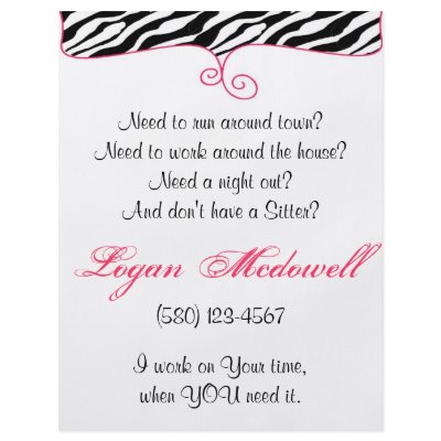 baby sitter flyer fun zebra print chic cute pink by HollyMusolf