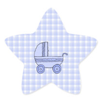 Baby Stroller. Light Blue on Check Pattern. Star Stickers