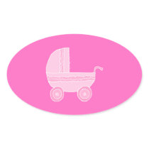 Baby Stroller. Light Pink and Bright Pink. Oval Stickers