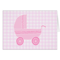 Baby Stroller. Light Pink on Pink Gingham. Cards