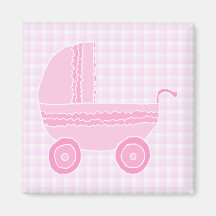 Baby Stroller. Light Pink on Pink Gingham. Fridge Magnets
