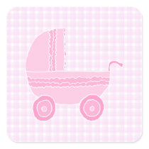 Baby Stroller. Light Pink on Pink Gingham. Square Sticker