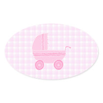Baby Stroller. Light Pink on Pink Gingham. Oval Stickers