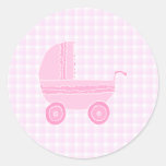 Baby Stroller. Light Pink on Pink Gingham. Stickers