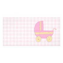 Baby Stroller. Pink and Yellow on Pink Check. Photo Cards