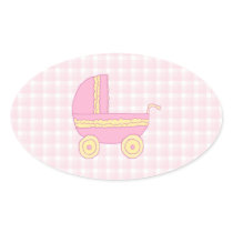 Baby Stroller. Pink and Yellow on Pink Check. Oval Sticker