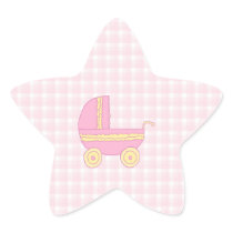 Baby Stroller. Pink and Yellow on Pink Check. Star Sticker