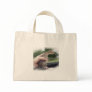 Baby turkey chick being held by a hand tote bag