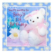 Baby's First Birthday Teddy Bear & Daisies Personalized Announcement
