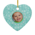Babys First Christmas Custom  Aqua Photo and Name Christmas Tree Ornament