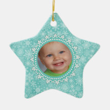 Babys First Christmas Custom  Aqua Photo and Name Ornaments