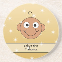 Baby's First Christmas. Dark Skin. On Gold Colour. Drink Coaster