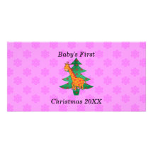 Baby's first christmas giraffe pink snowflakes photo card