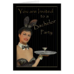 Bachelor Party invitation with female in bunny cos Greeting Cards