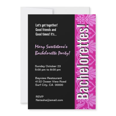 Bachelorette Party Black and Pink Damask Announcements by JaclinArt