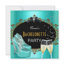 Bachelorette Party Teal Blue Gold Black Shoes Invites