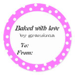 Baked with love pink polka dot round stickers