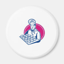 baker serving tray of pork meat pies retro magnets