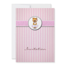 Ballerina Bear Pink Candy Stripe Invitation