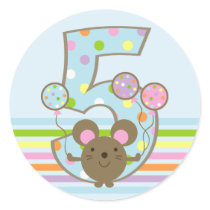 Balloon Mouse Blue 5th Birthday Round Stickers