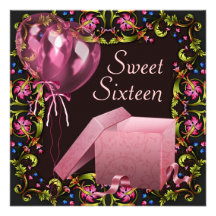 Balloons Gift Pink Black Sweet 16 Birthday Party Personalized Invites
