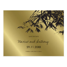 Bamboo Leaves Black + Gold Save The Date Postcard