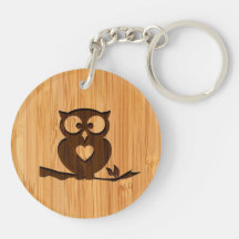 Bamboo Look & Engraved Cute Owl in Tree Key Chain