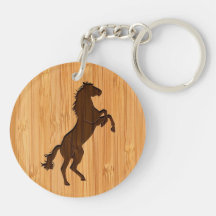 Bamboo Look & Engraved Elegant Standing Horse Acrylic Keychains